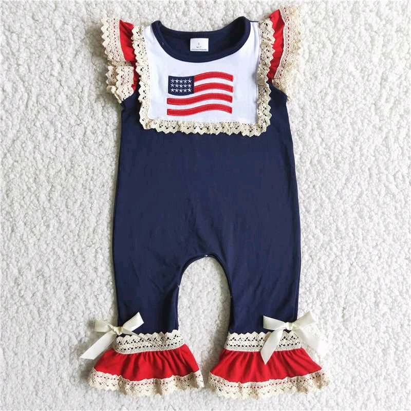 July 4th National Day Flag Embroidery Lace Ruffles  Boutique Wholesale  Puffy Short Sleeve Romper Girls Boys No MOQ Children Kid