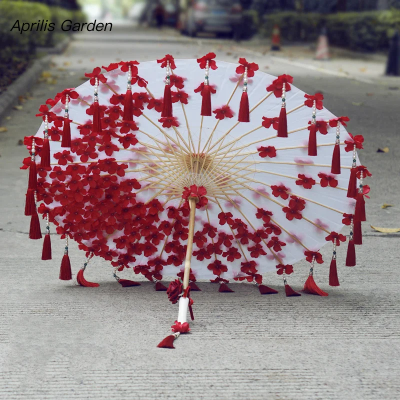 Ancient World Cosplay Tassel Ribbon Bead Curtain Petal Hanfu Umbrella Props Wedding Umbrella Flower Paraplu paraguas parasol