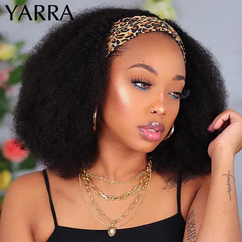 Imagen 2 del producto Peluca con diadema de cabello humano rizado Afro para mujeres negras 180% de densidad Remy brasileño hecho a máquina 100% cabello humano YARRA