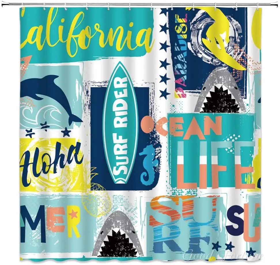 Surfboard Abstract Watercolor California Summer Ocean Pattern Creative Sufr Rider Paradise Shark Dolphin Holiday Bath Curtain