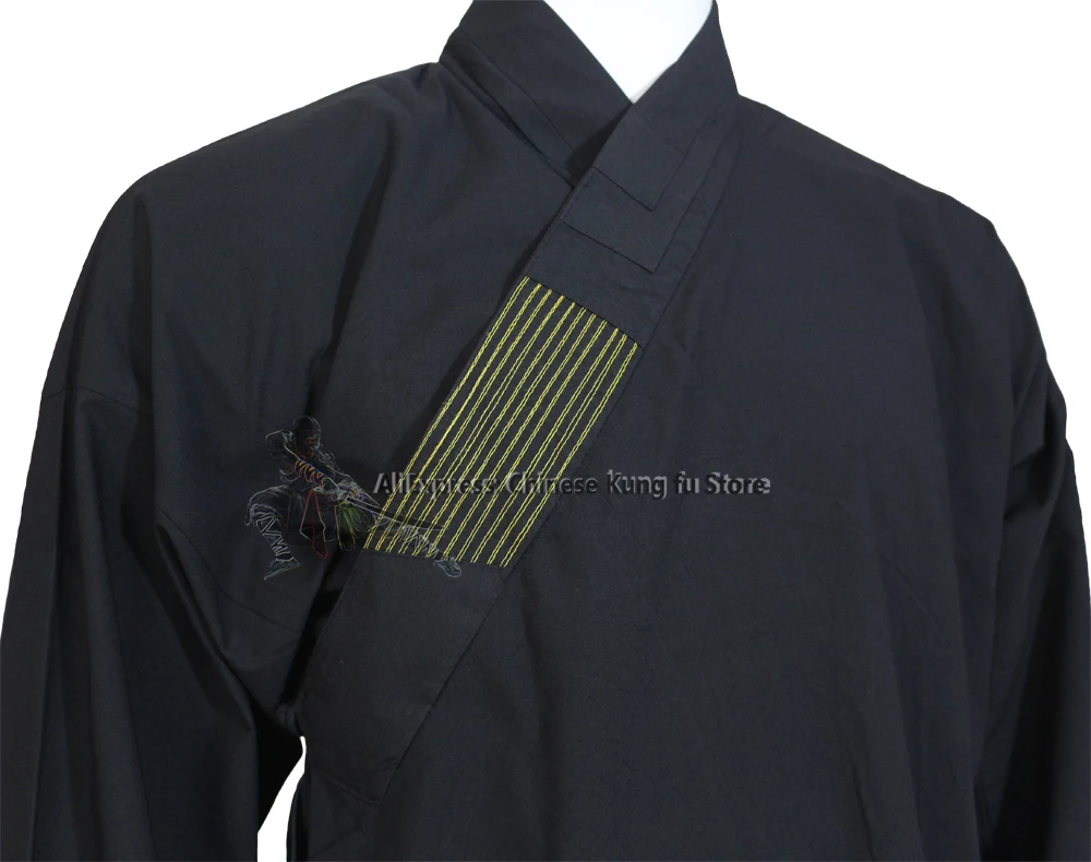 Black Shaolin Monk Robe Buddhist Kung fu Suit Tai chi Uniform Wing Chun Martial arts Karate Gis