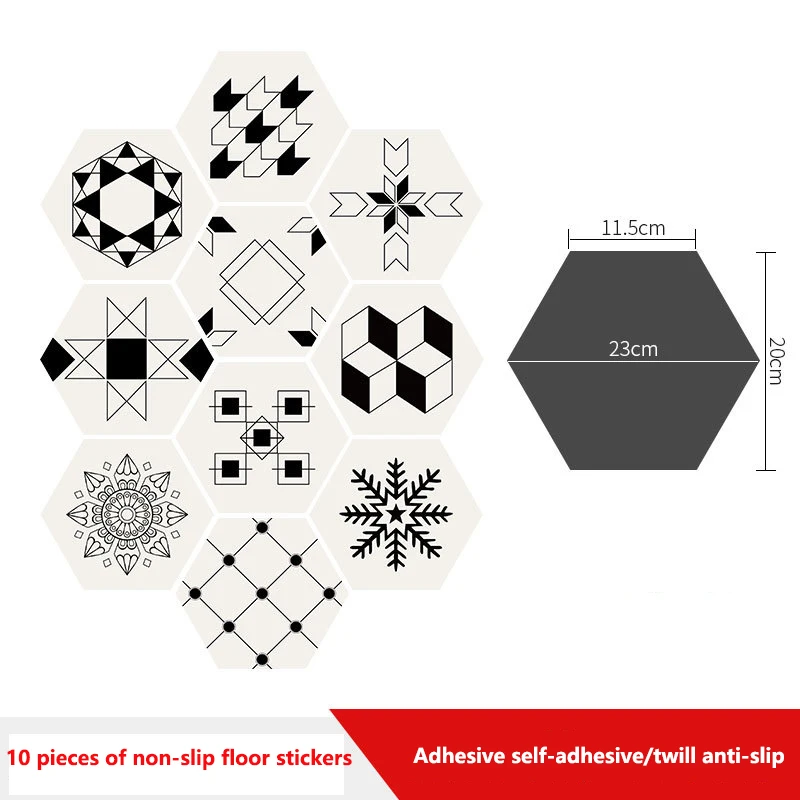 10pcs 욕실 바닥 스티커 껍질 스틱 자체 접착 방수 미끄럼 방지 육각 바닥 타일 주방 거실 장식