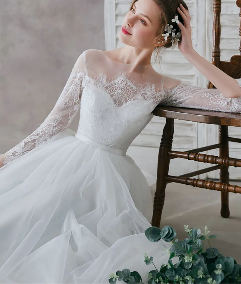 Abito da sposa 2021 abiti da sposa Robe De Mariée pizzo maniche a tre quarti o-collo lunghezza del pavimento abito formale