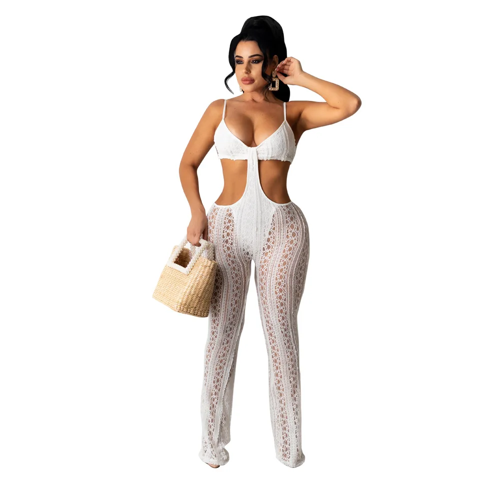 Sexy See Through Lace Jumpsuit Women Elegant V Neck Spaghetti Strap Cut Out Backless Slim Club Party Jumpsuit Overalls for Women