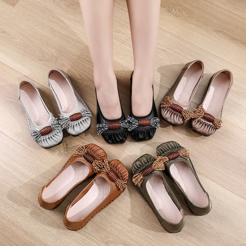 Xiuteng 2022 Summer Ethnic Style Flat Shoes Flat Soft Bottom Peas Shoes Spring And Autumn Soft Bottom Mother Shoes Cow Leather