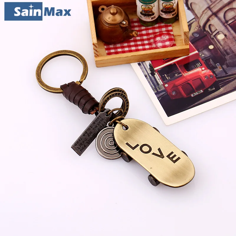 Sainmax traditional style woven leather key chain for car skateboard key pendant with key ring for punk accessories