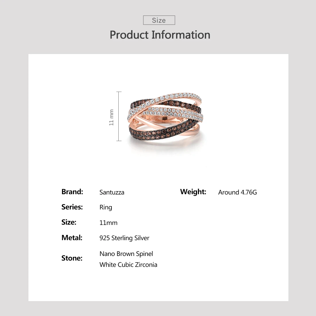 SANTUZZA Silver Rings For Women Pure 925 Sterling Silver Sparkling Nano Brown Spinel White CZ Ring Wedding Party Fine Jewelry