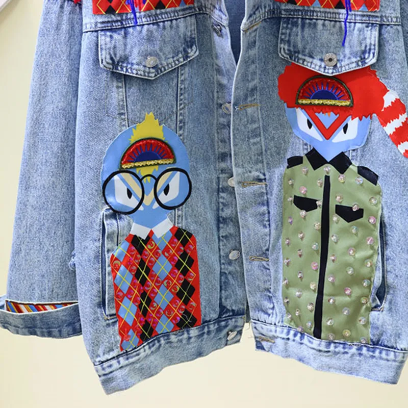 Fashion Sequins Cartoon Cute Printing Long Sleeve Jacket Female Casual Denim Coat Women Knit Collar Outwear Hole Femme Veste