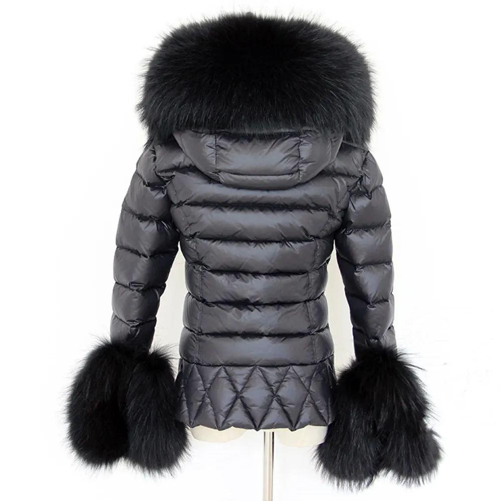 Jaxmonoy Winter Down Coat with Hood for Women Long Black Parka Real Raccoon Fur Collar and Cuffs Ladies White Duck Down Jackets