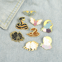 Moon Phase Animal Pin Nocturnal Animal Enamel Pin Wolf Bat Snake Fox Pins Moon Sun Star Black Punk Brooches Lover Couple Jewelry
