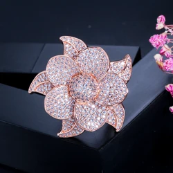 CWWZircons Luxury Flower Leaf Micro Pave Cubic Zirconia Stone Big Rose Gold Color Bridal Wedding Party Finger Rings Jewelry R124