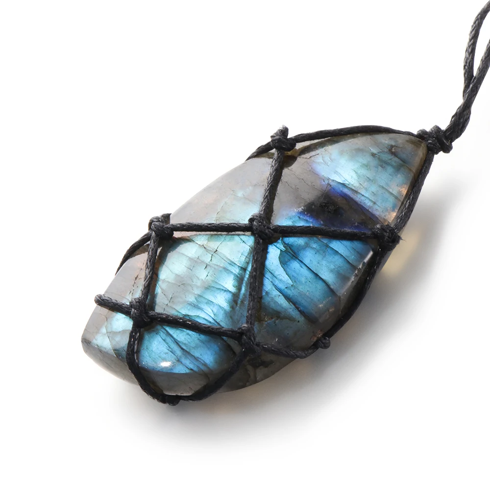 Collar con colgante de piedra Natural para hombres y mujeres, joyería con corazones de dragones, labradorita, trenza envolvente, collares de macramé de Yoga, collar de energía