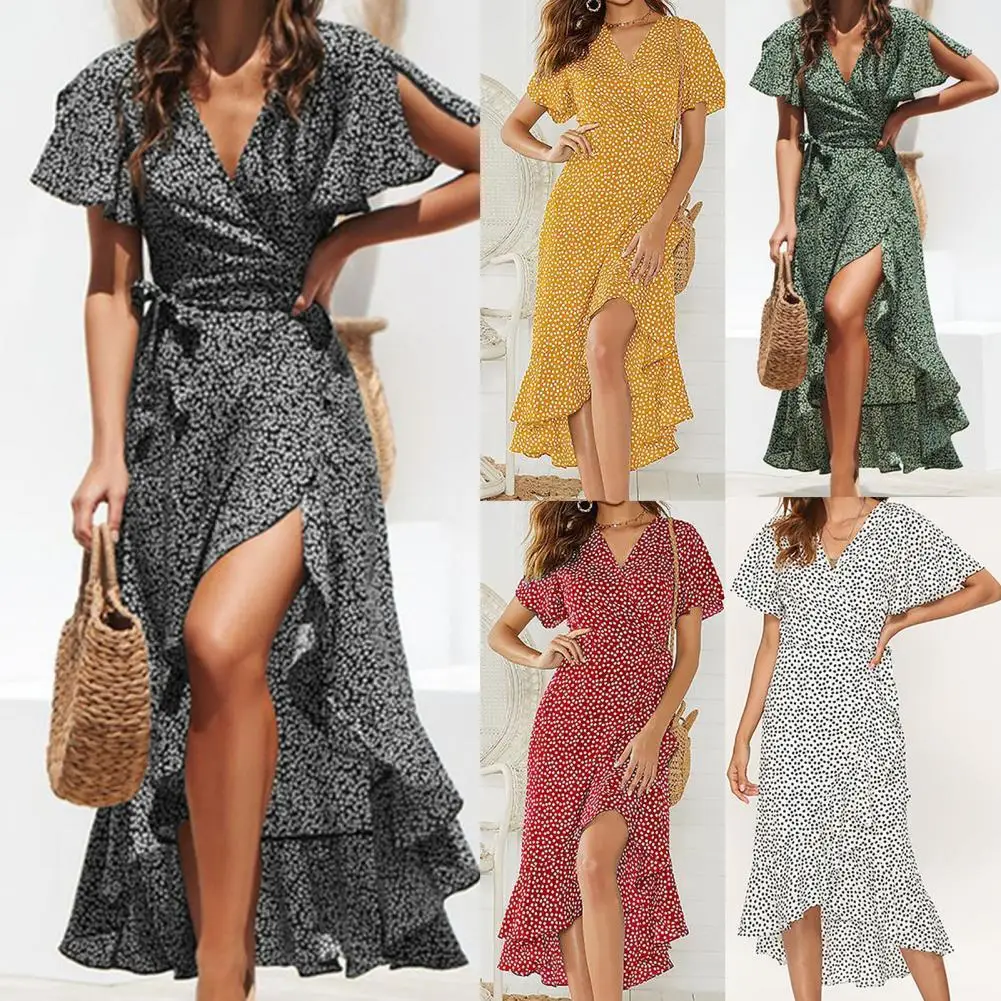 

Stylish Boho Style Women Split Dress Ruffles V-Neck Comfy Cotton Blend Ankle-Length Wrap for Summer Ladies Dresses