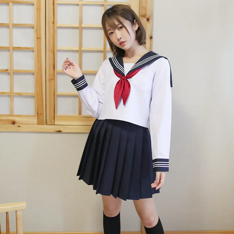 S-2XL Summer Pleated Skirt + Tops Sets Japanese School Uniforms Teen Girls Anime Cosplay College Student Sailor Uniform C50153AD