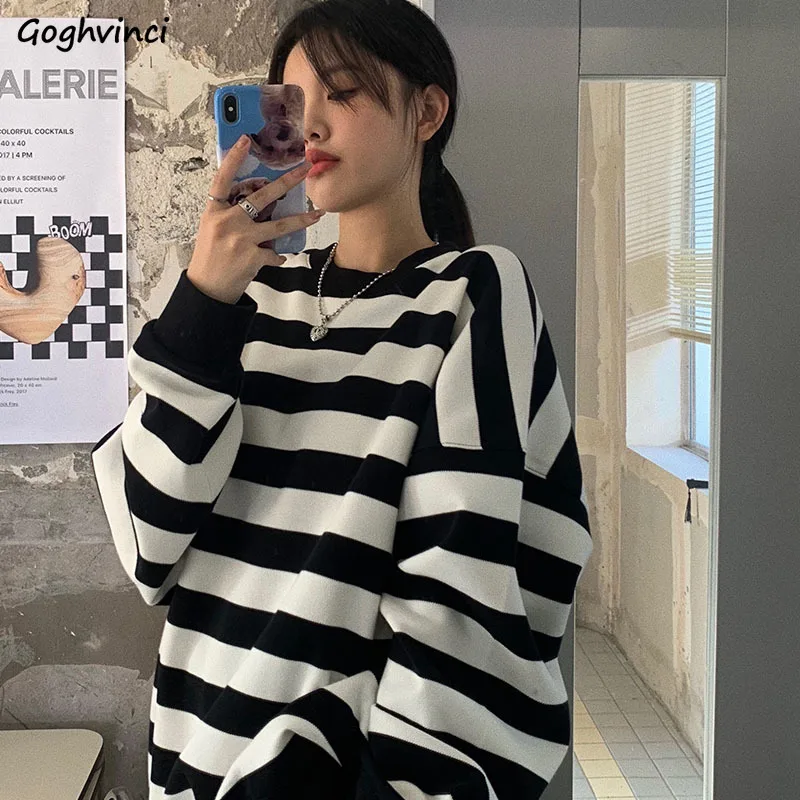 Sweatshirts Women American Style Striped All-match Basic Classical O-neck Girls Bf Lazy Street Wear Fashion Casual Feminino Chic