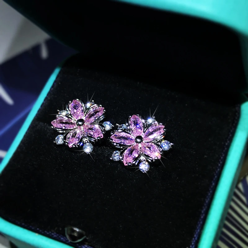 925 Sterling Silver Micro-Inlaid Sweet Temperament Flower Zircon Earrings For Ladies Party Birthday Jewelry Gifts