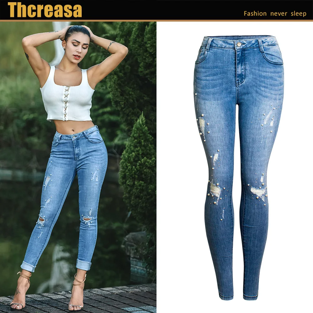 

New Fashion Women Jeans Pants Beaded Small-legged Jeans Elastic Body Foreign Trade Women's Jeans