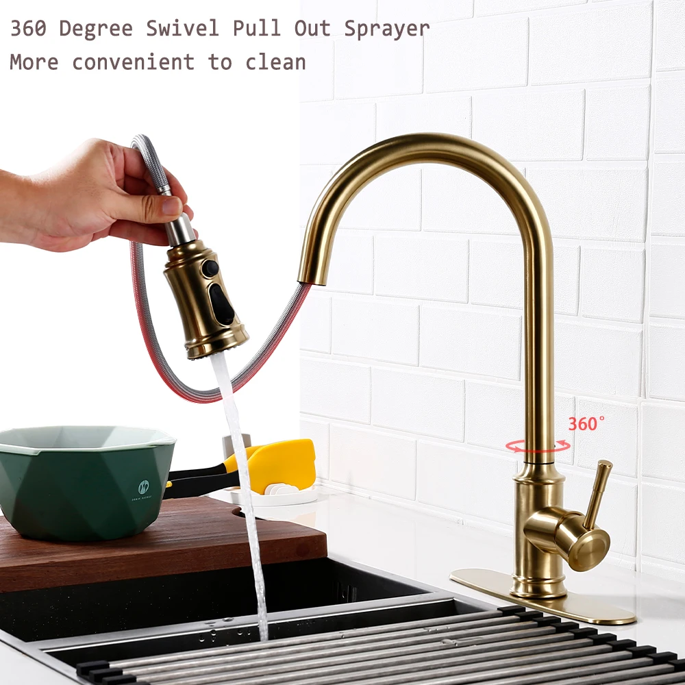 Touch Sensor Brushed Gold Brass Deck Mounted Kitchen Faucet 3 Function Single Handle Pull Out Mixer Hot and Cold Water Taps