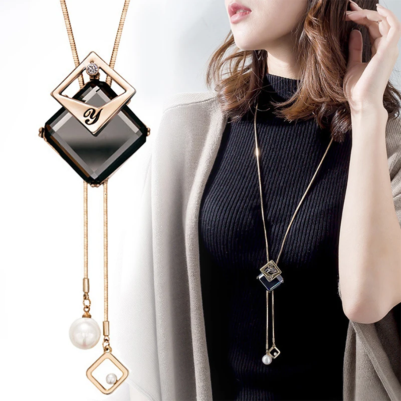 Long Necklaces & Pendants Fashion Geometric Crystal Statement Necklace For Women Collier Femme Pearl Choker Jewelry 2022