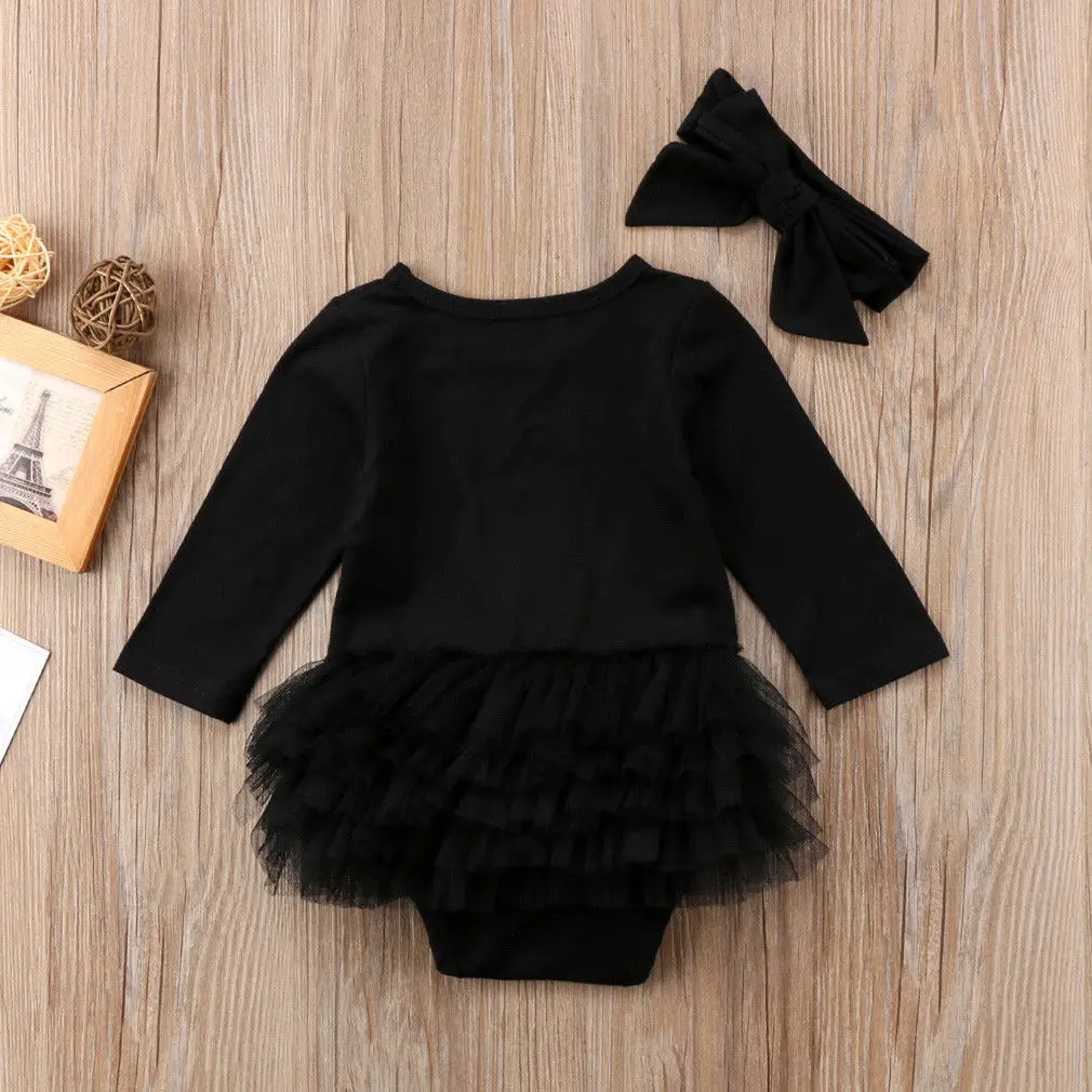 Baby Girl Black Romper Dress + Headband 0-24M Newborn Infant Toddler Spring Fall Casual Solid Bodysuit Jumpsuit Clothes 2021 New
