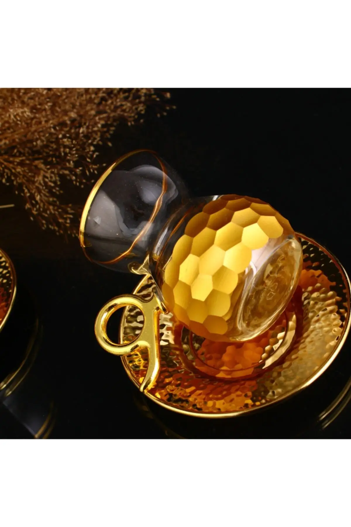 12 piece handle Tea Cup Tea set-honeycomb Gold Turkish Tea Cup Glass Cup Glass Cup