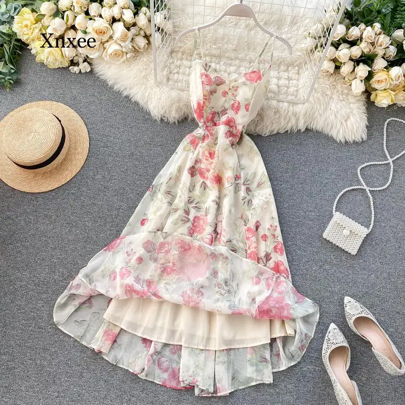 Summer Beach Chiffon Dress Women Sexy Backless Bandage Bow Long Robe Elegant Ladies Floral Print Dresses Vestidos Mujer Clothes