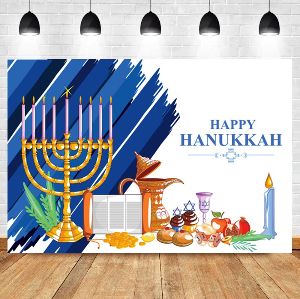 Laeacco Happy Hanukkah Candle Menorah Coin Chocolate Cake Custom Backdrop Photographic Photo Background For Photo Studio