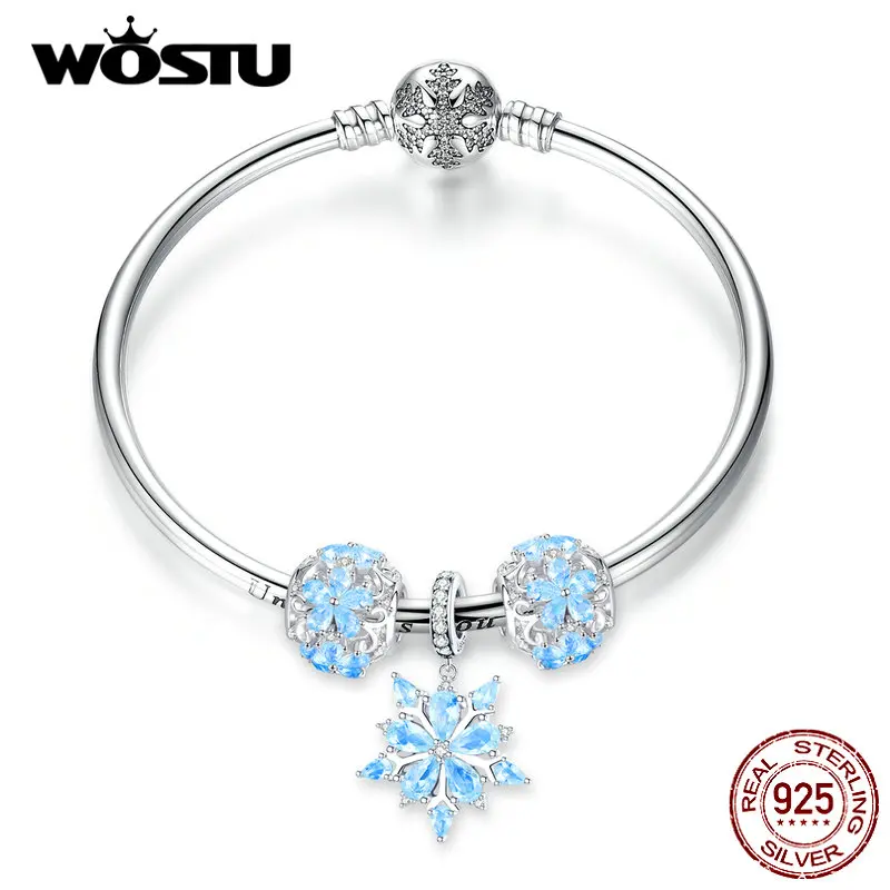 WOSTU 100% Real 925 Sterling Silver White Snow Beads Charms Original Bracelet & Bangle Fine Jewelry Gift For Women