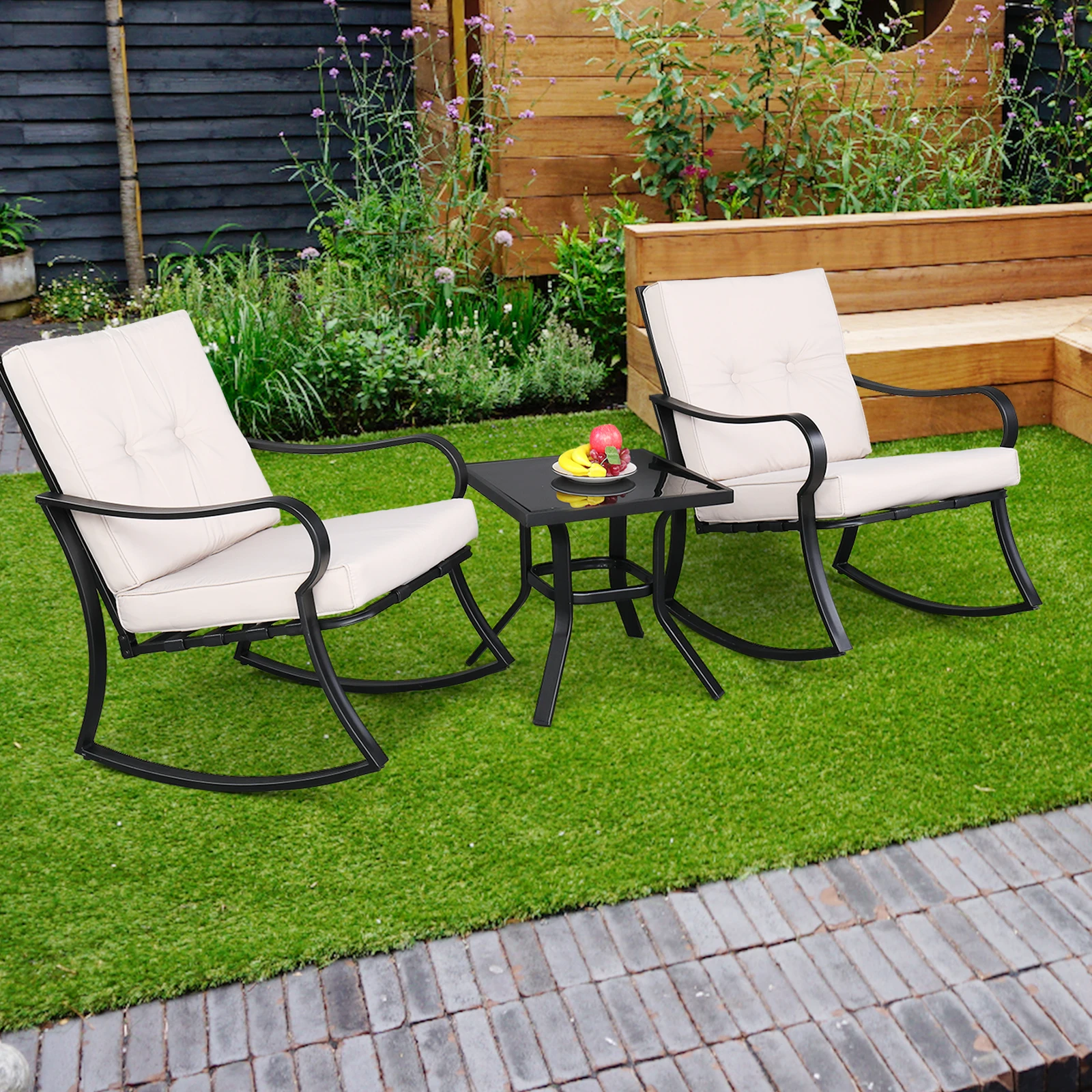 2pcs Strap Rocking Chair And 1pc Coffee Table Disassembly and Assembly Black Frame Beige Cushion Outdoor Furniture