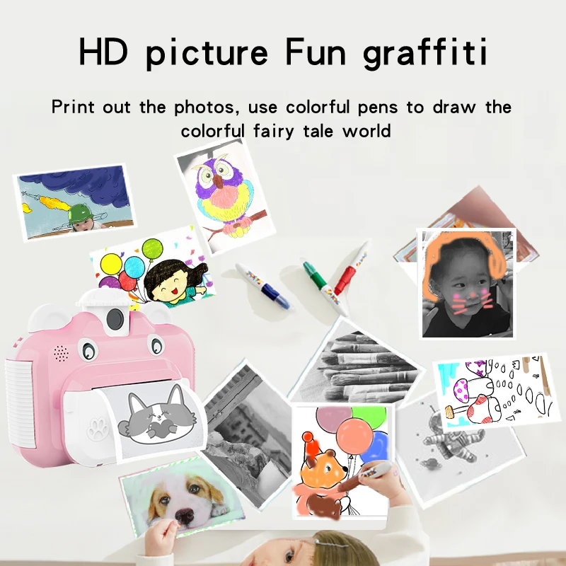 Kids Camera Instant Print Photo Mini Digital Video Camera for Kids with Zero Ink Print Paper  Card Educational Toys Gift