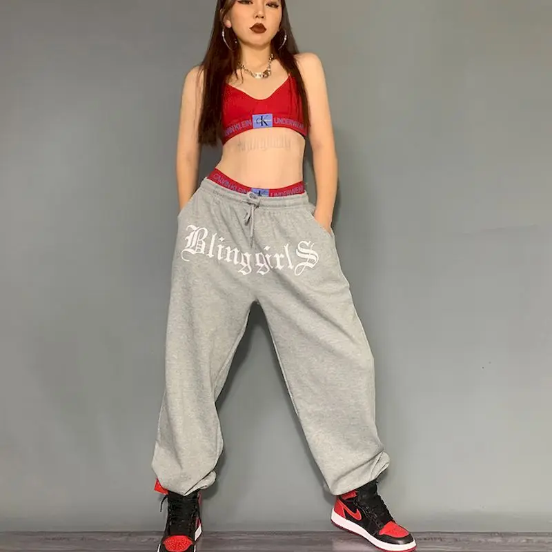 2024 Spring Summer New Women\'s Pants Gray Casual Sports Pants Hip-hop Gray Beam Guard Trousers Loose Hip-hop Trousers Printing