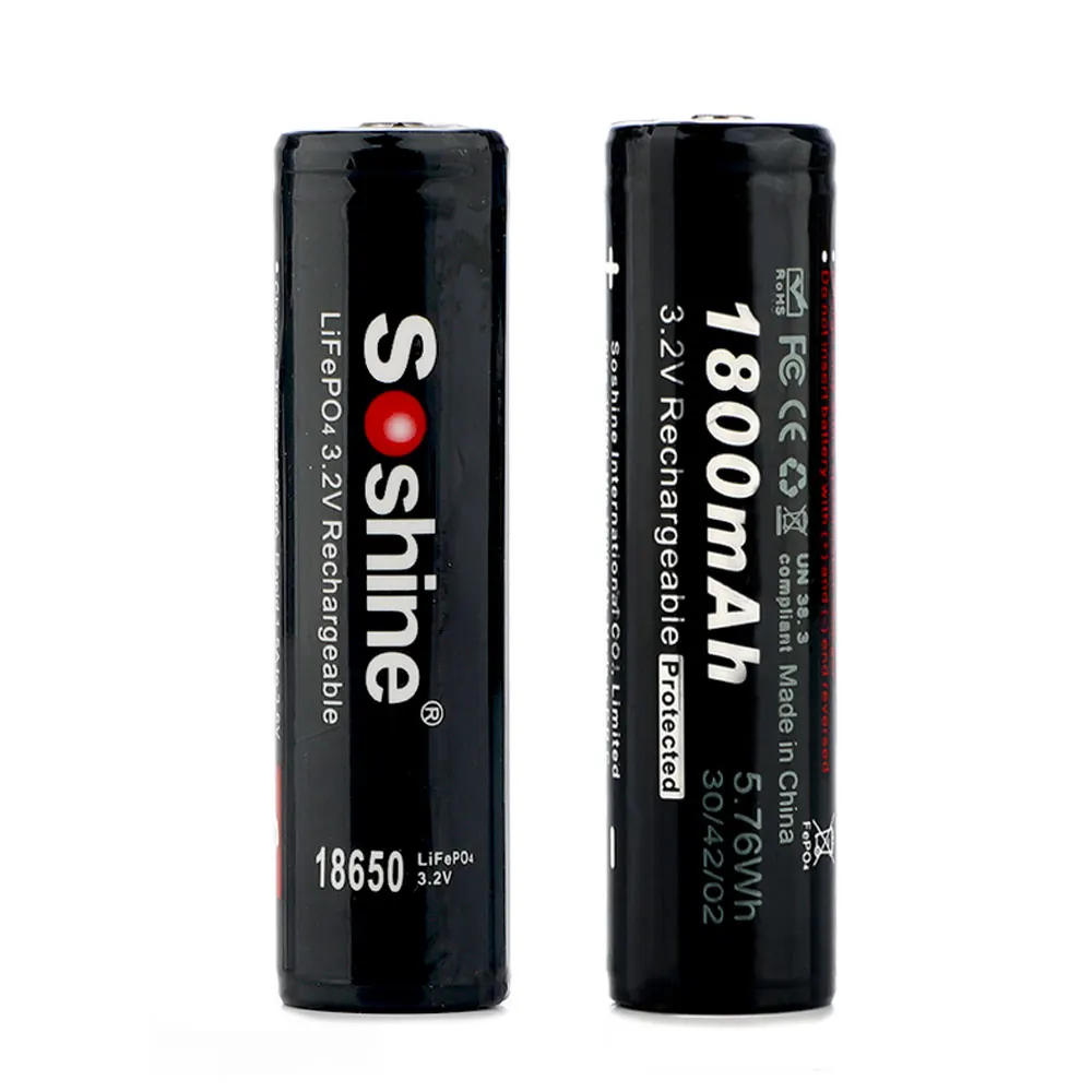 2pcs Soshine 3.2V Rechargeable 18650 LifePO4 Battery Cell 1800mAH Protected Positive nipple for Led Torch Headlamp Bicycle Light