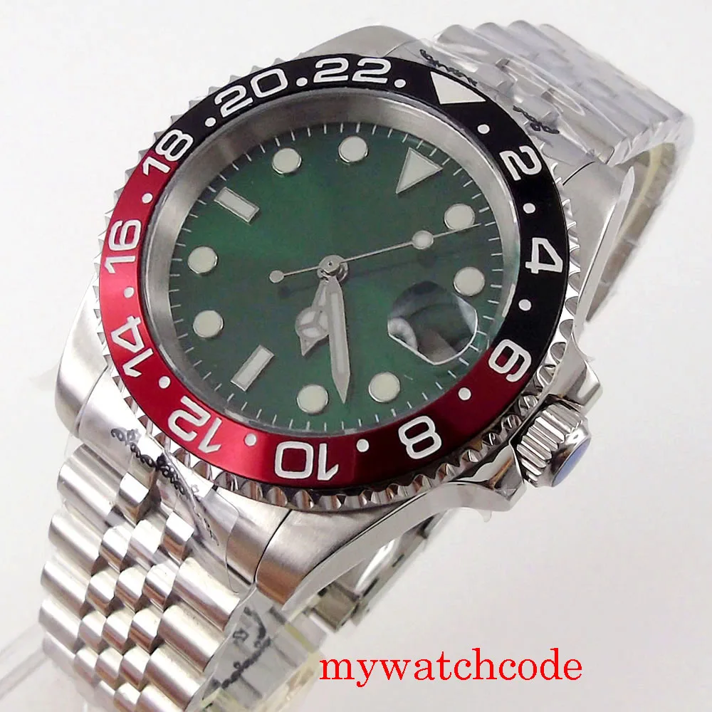 Reloj con esfera verde para hombre, cristal de zafiro estéril, NH35, MIYOTA 8215, PT5000, correa de acero automática, bisel unidireccional, 40mm