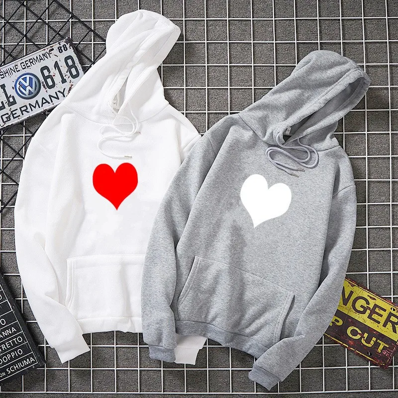 Autumn Winter Hoodies Fleece Heart Print Harajuku Pullover Loose Lover Hoodies Sweatshirts Couple Casual Coat Womens