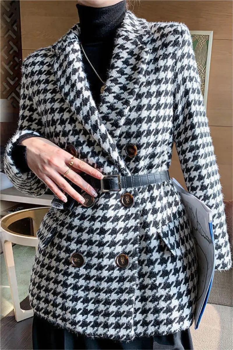 Temperament small suit houndstooth woolen coat thickened new autumn and winter jacket with waist bag