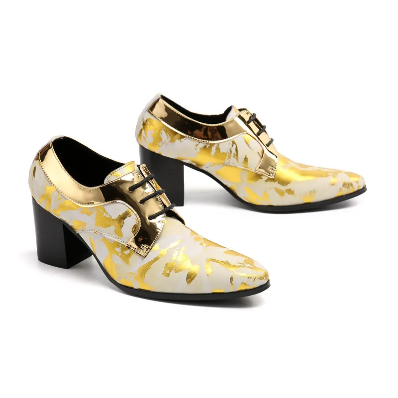 Golden High Heels Leisure Party Shoes Men Fashion Printing Leather Wedding Dress Shoes Mens Height Increase Pointed Toe Shoes