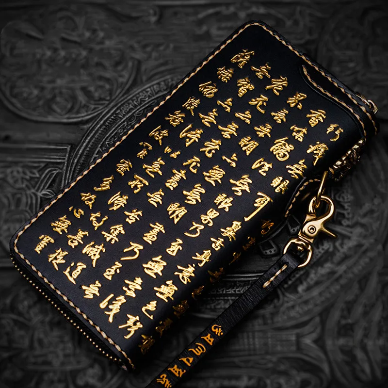 Handmade Genuine Leather Carving Chinese Characters Wallets Bag Purses Women Men Long Clutch Vegetable Tanned Leather Wallet