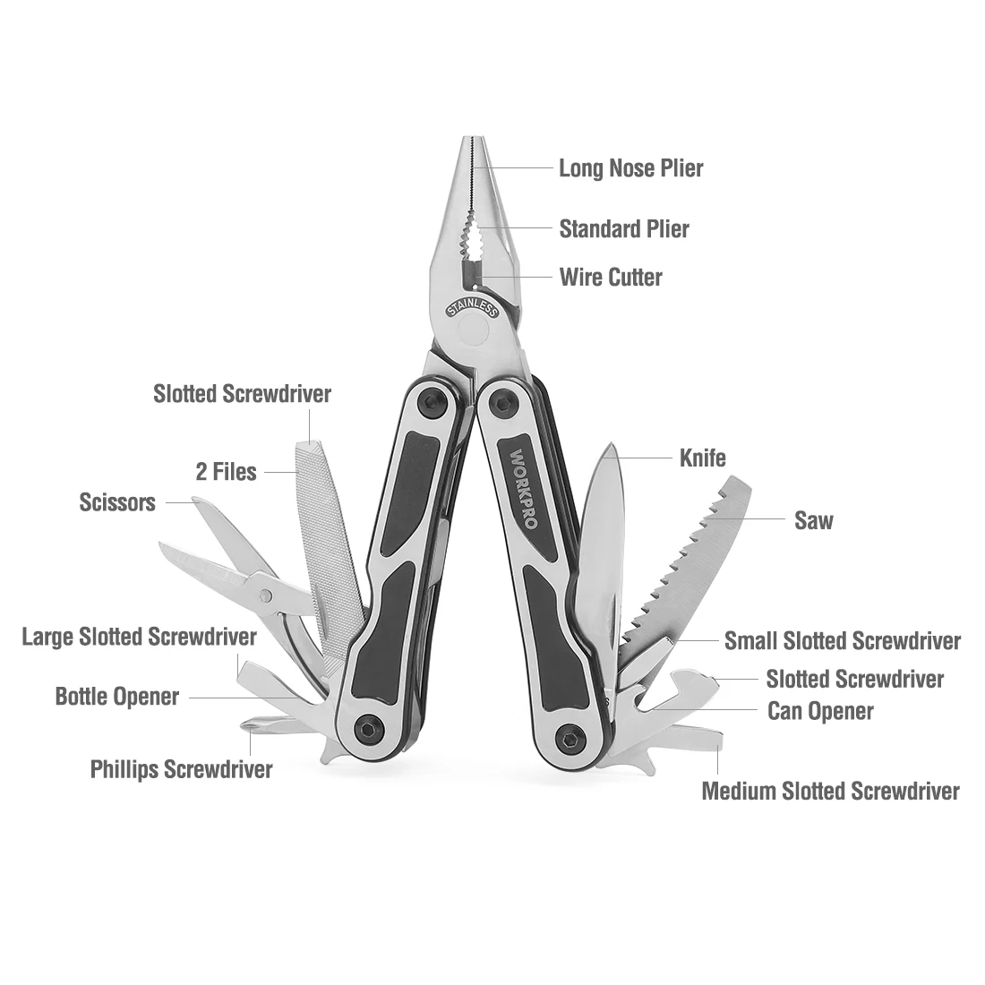 WORKPRO Multi Plier Folding Plier Wire Stripper Outdoor Camping Multitool Pock 15 in 1