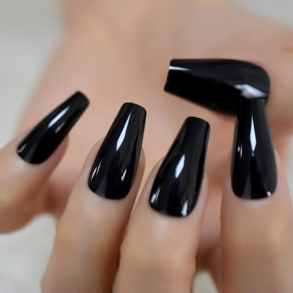 Plain Solid Black Long Ballerina Press on UV Fake Art Nail Tips Coffin Tapered Shape Salon False Finger Nails Faux Ongle