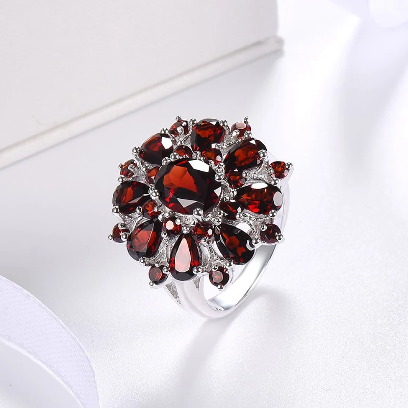 HuiSept Classic Women Ring 925 Silver Jewelry with Ruby Gemstone Flower Shape Finger Rings for Wedding Party Gifts Accessories