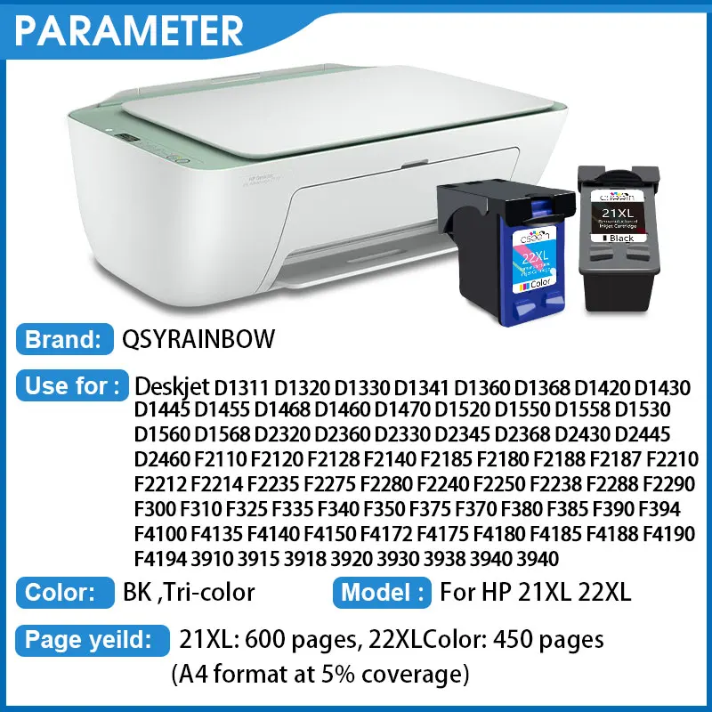 QSYRAINBOW remanufactured 21xl  ink cartridge For HP 21  for HP 21xL for hp f4180 cartridge DeskJet 3910 3915