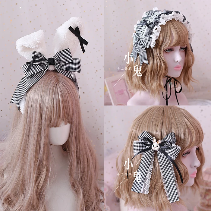 Lolita faixa de cabelo alice artesanal, objetos pequenos preto e branco, grade de cabelo com orelhas de coelho kc, manga de clipe lateral