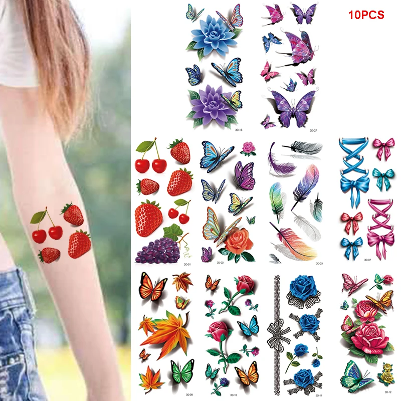 10Pcs Waterproof Temporary Tattoo Sticker Flower Rose Flash Butterfly Feather Body Art Arm Fashion Fake Sleeve Man Women Tattoos