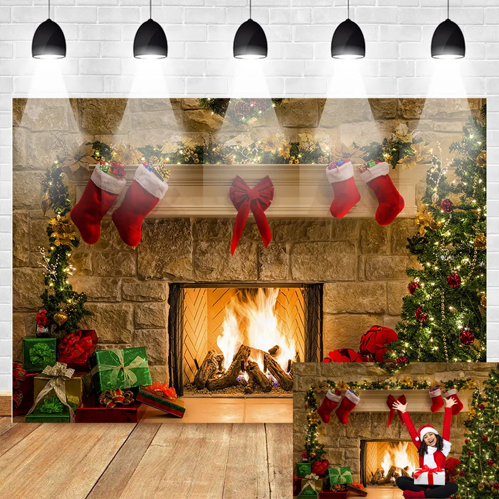 

Christmas Fireplace Backdrop Christmas Tree Portrait Photography Background Glitter Fireplace Red Socks Photo Booth Backdrops