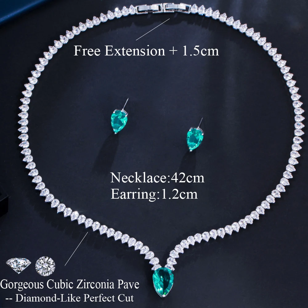 CWWZircons Elegante Große Hellgrüne Wassertropfen CZ Halskette Ohrringe Damen Verlobungsfeier Kostüm Schmucksets Großhandel T0773 – Detail 1