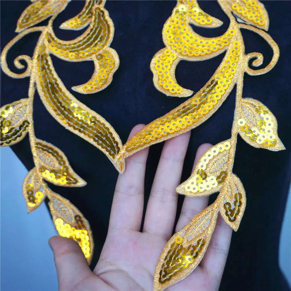 2PCS Gold Silver Sequin Flower Tassel Embroidered Gown Appliques Iron Sew On Patches Fabric Collar For Wedding Decor Dress DIY