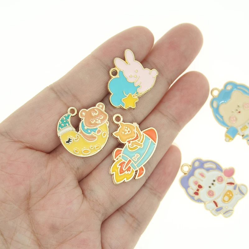 10pcst Cute Animal Rocket Moon Bear Nebula Rabbit Enamel Charms For Necklaces Earrings DIY Jewelry Makings Pendant Craft Gifts