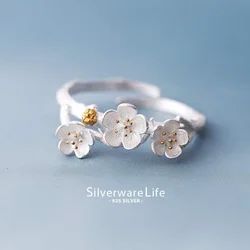 New Arrival Elegant 925 Sterling Silver Plum Flower Rings For Women Adjustable Size Finger Ring Fashion Jewelry