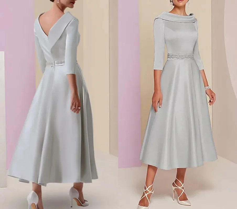 2024 Latest Classic Light Gray Tea Length Evening Dress O Neck With Cap Sleeve Prom Guest Gowns Backless Robe De Soiree