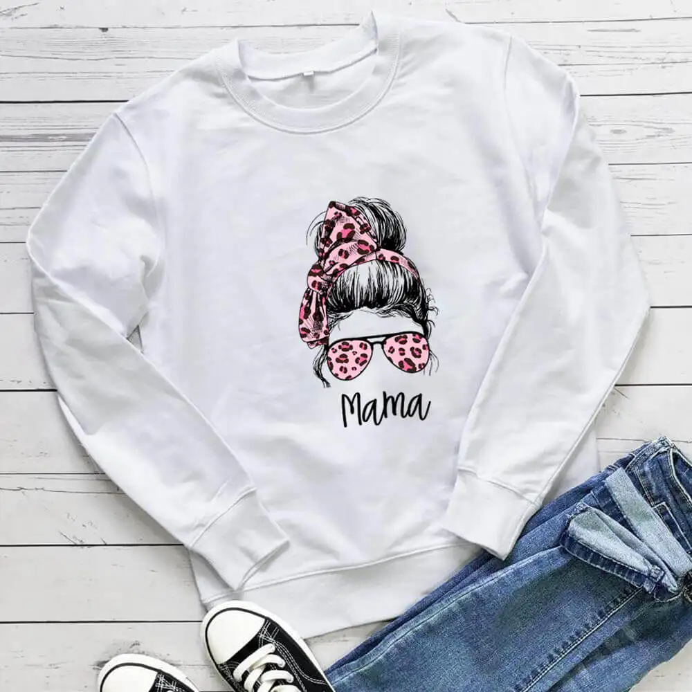 Mom Skull Leopard Pink Bow 100%Cotton Printed Women Sweatshir Momlife Spring Autunm Casual O-Neck Long Sleeve Top Gift for Mom